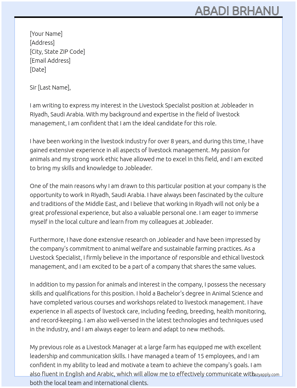 Livestock,specialist  At Jobleader Cover Letter