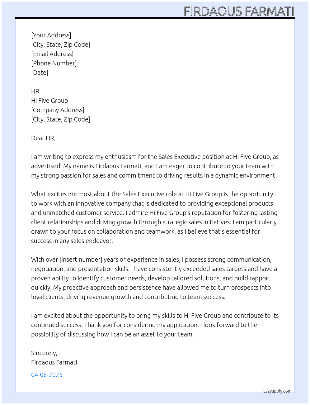 Sales Executive At Hi Five Group Cover Letter