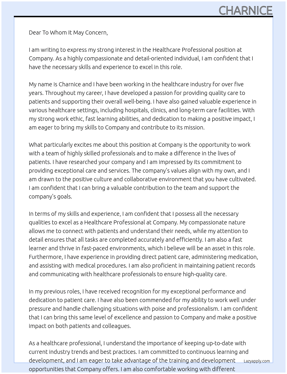 Healthcare professional At Company Cover Letter