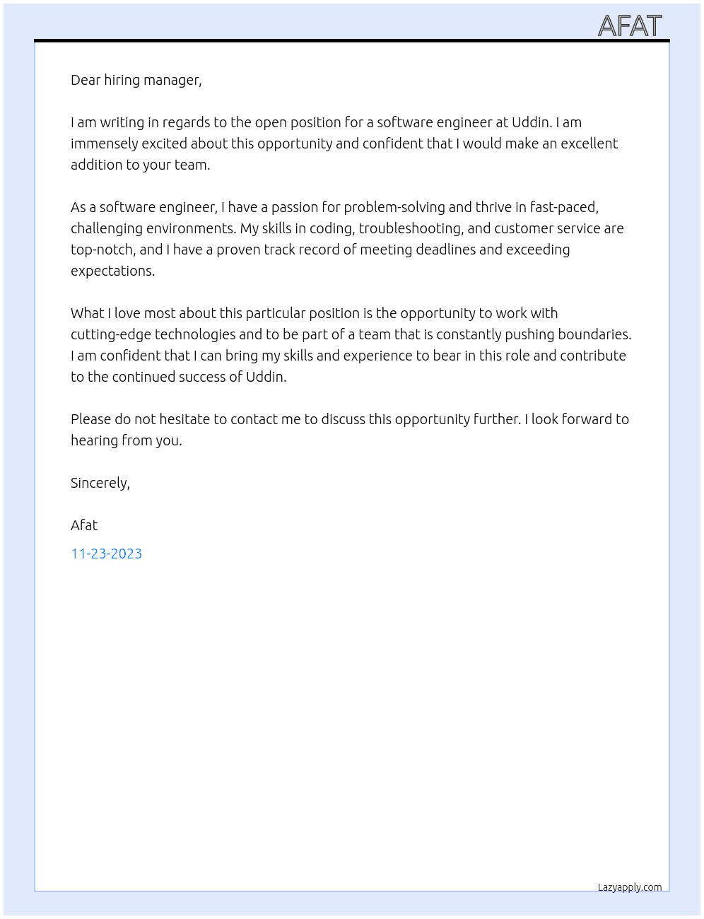 Software Engineer At Uddin Cover Letter