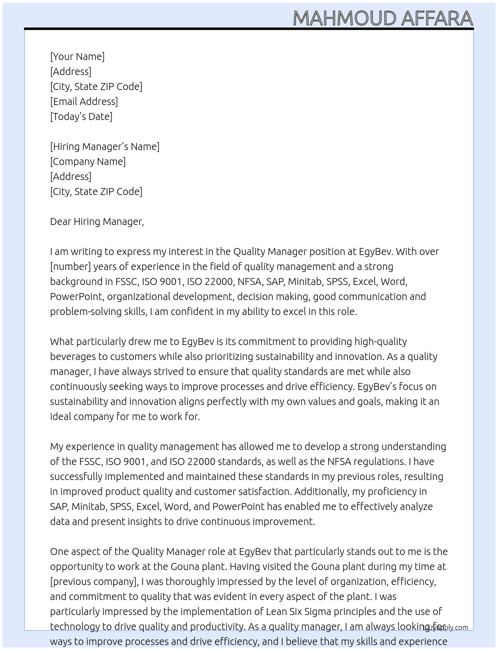 Quality Manager At EgyBev Cover Letter