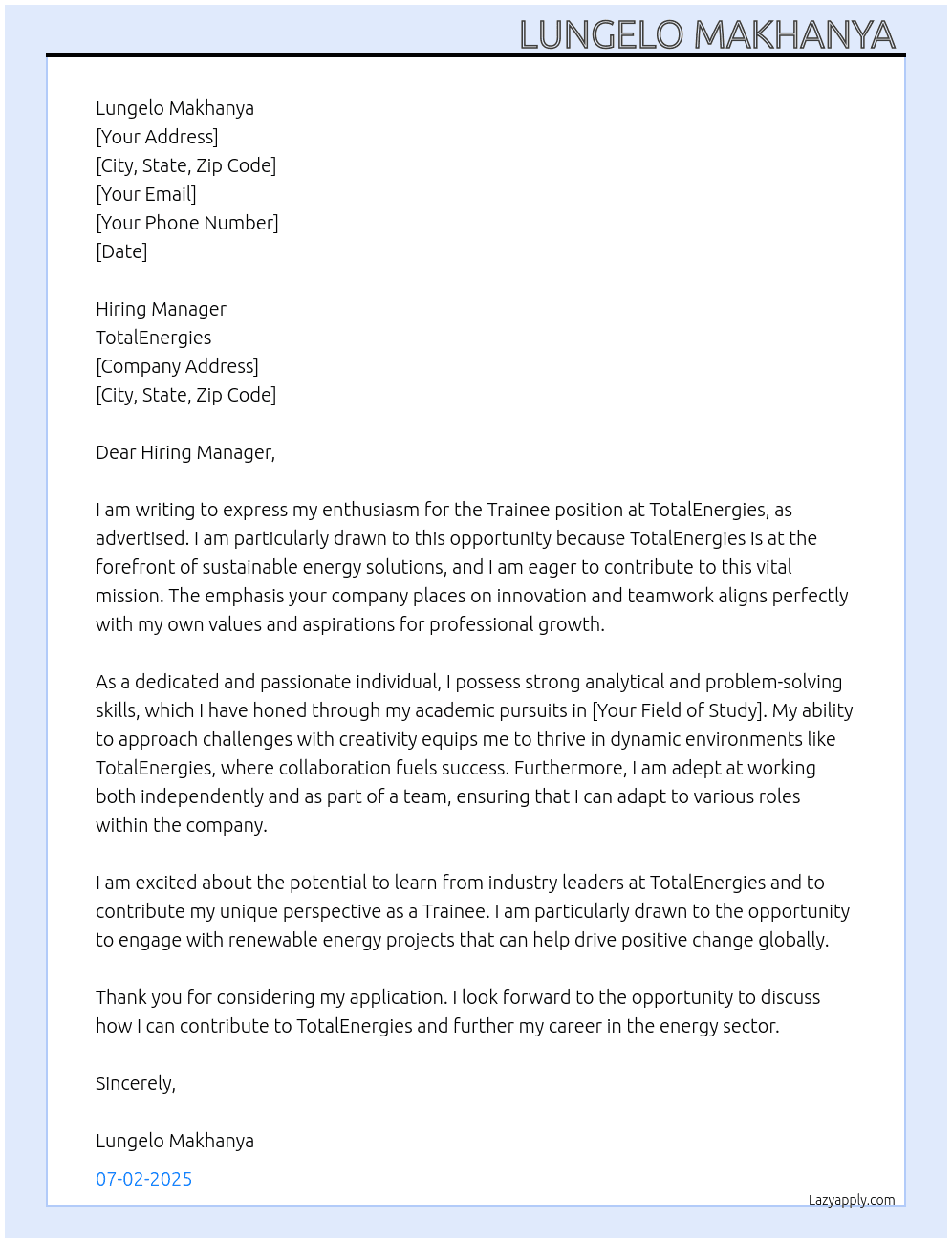 Trainee At TotalEnergies Cover Letter