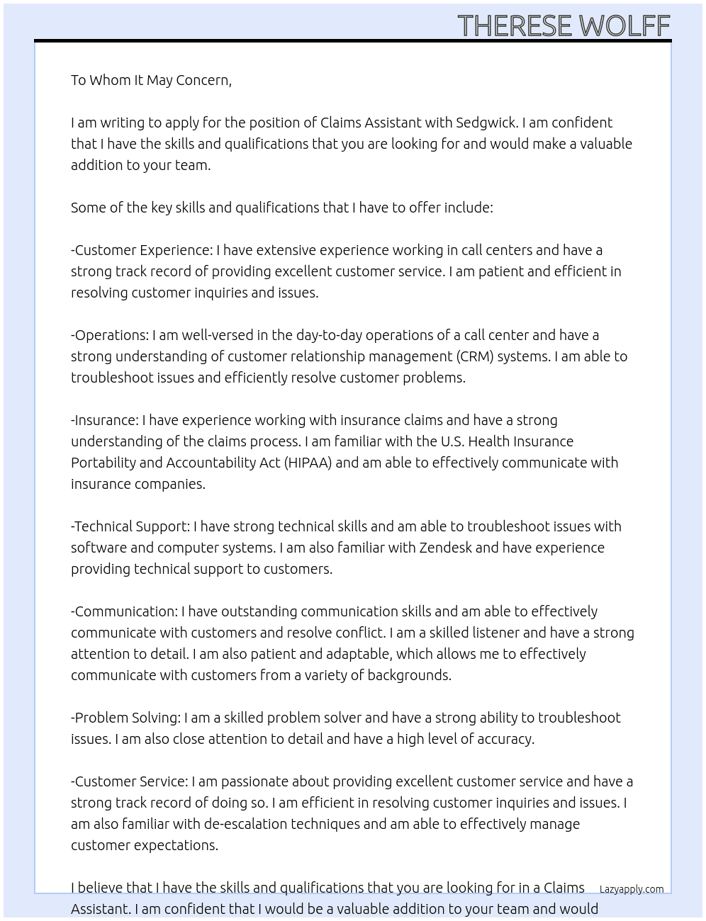 Claims Assistant At Sedgwick Cover Letter