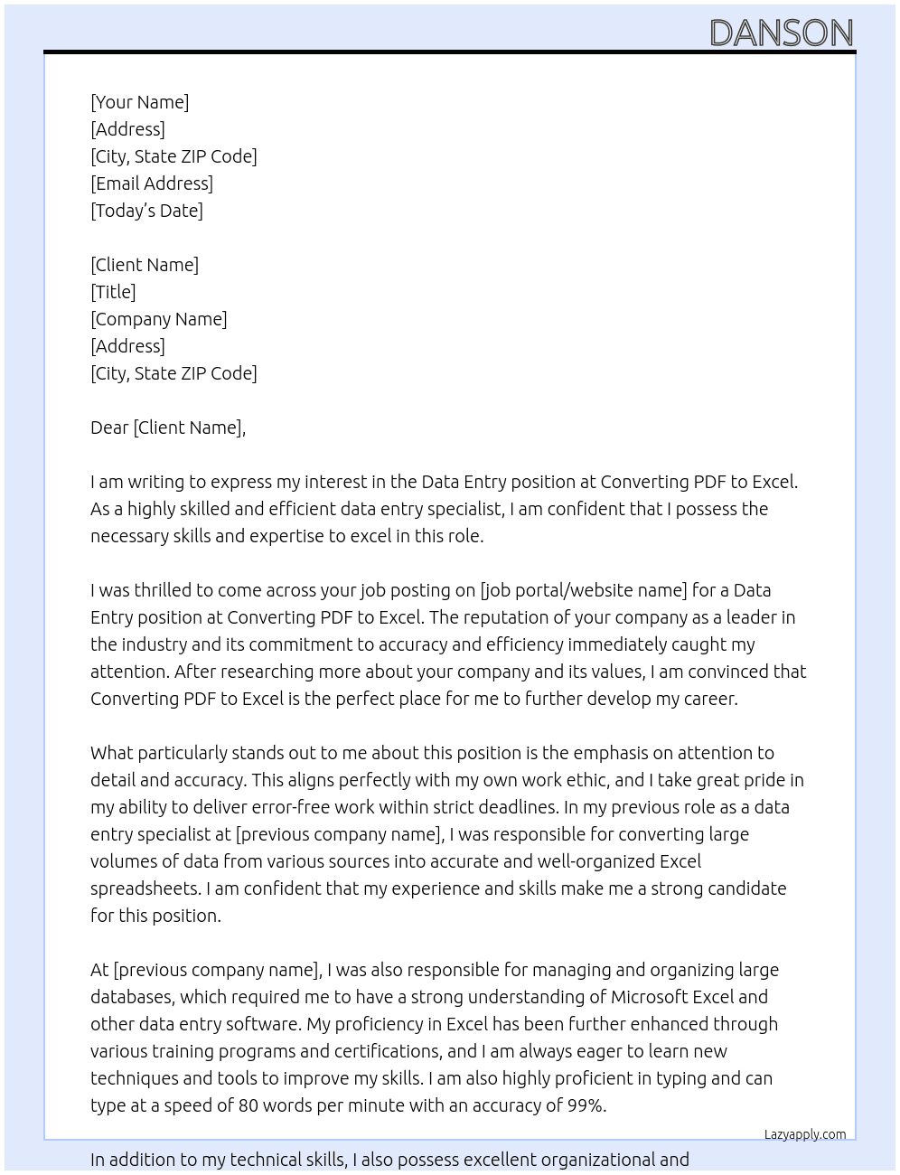 Data enty At Converting pdf to excel Cover Letter