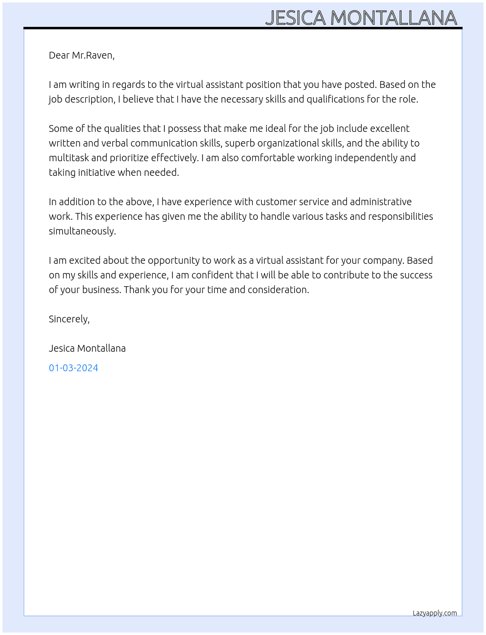 Virtual assistant  At Mr.Raven  Cover Letter