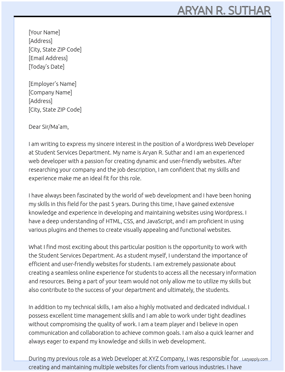 Wordpress web Developer At Student Services Department Cover Letter