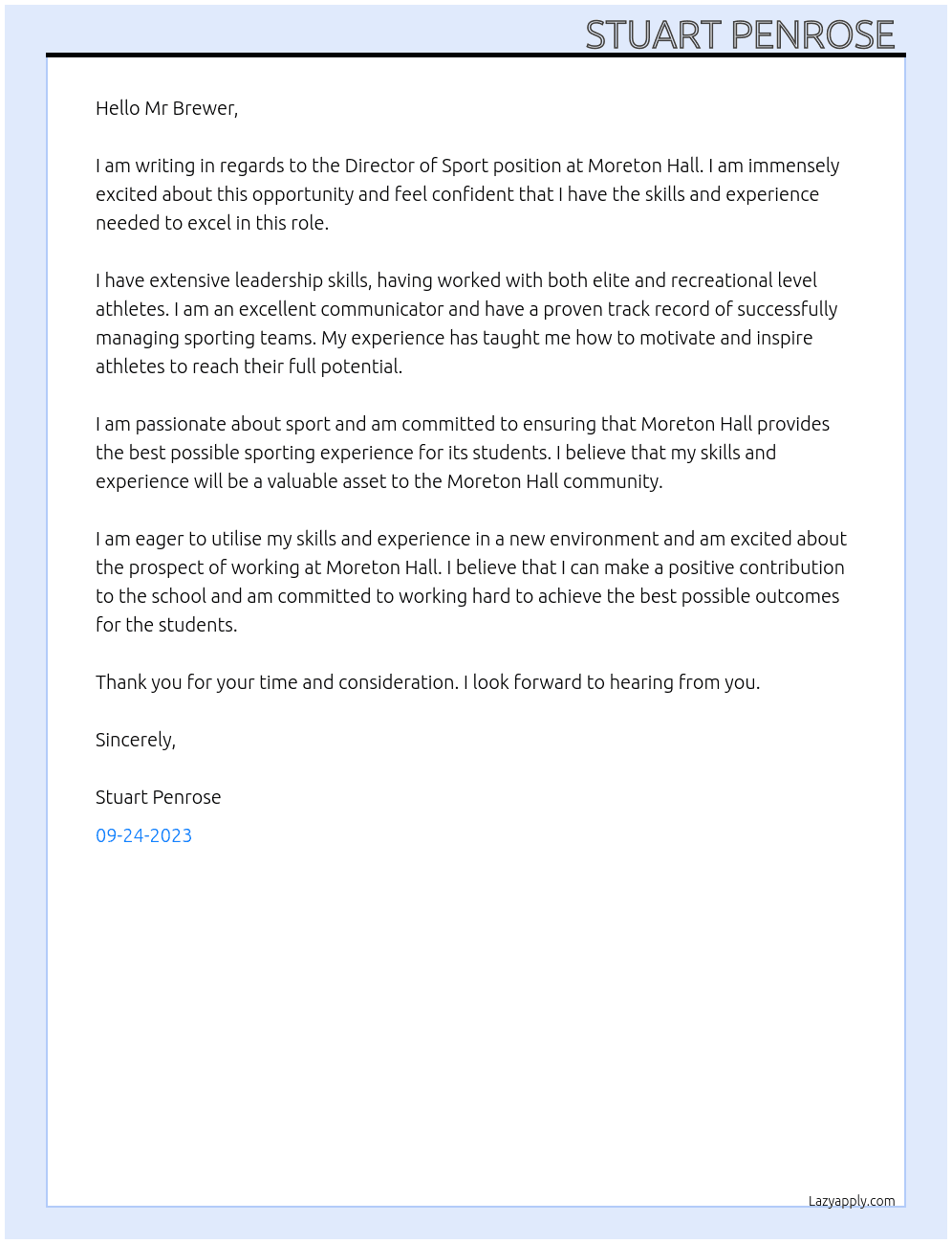 Director of Sport  At Moreton Hall Cover Letter