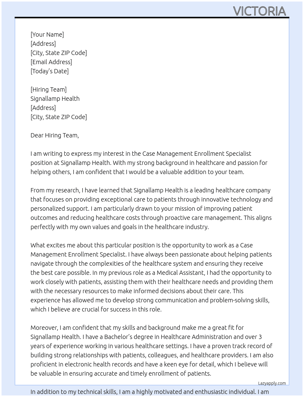 Case Management enrollment Specialist At Signallamp Health  Cover Letter
