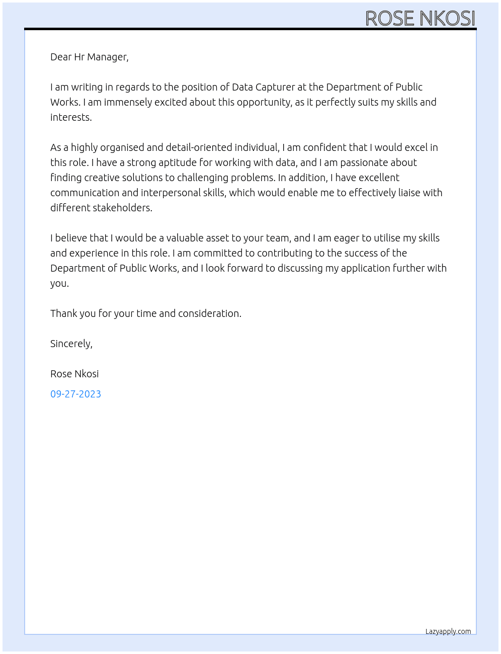 Data capturer At Department of Public Works Cover Letter