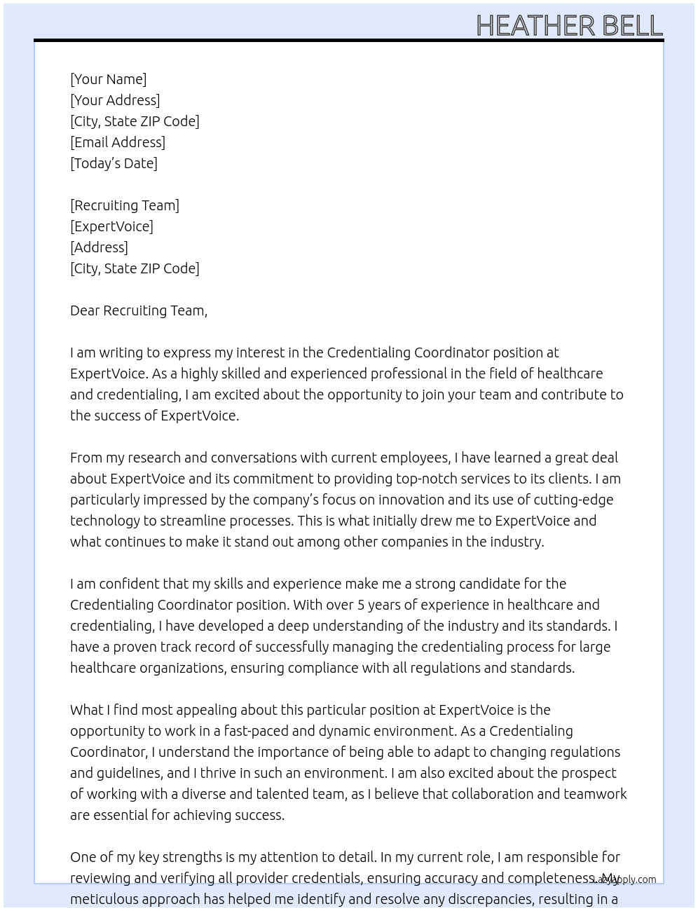 Credentialing Coordinator At ExpertVoice Cover Letter
