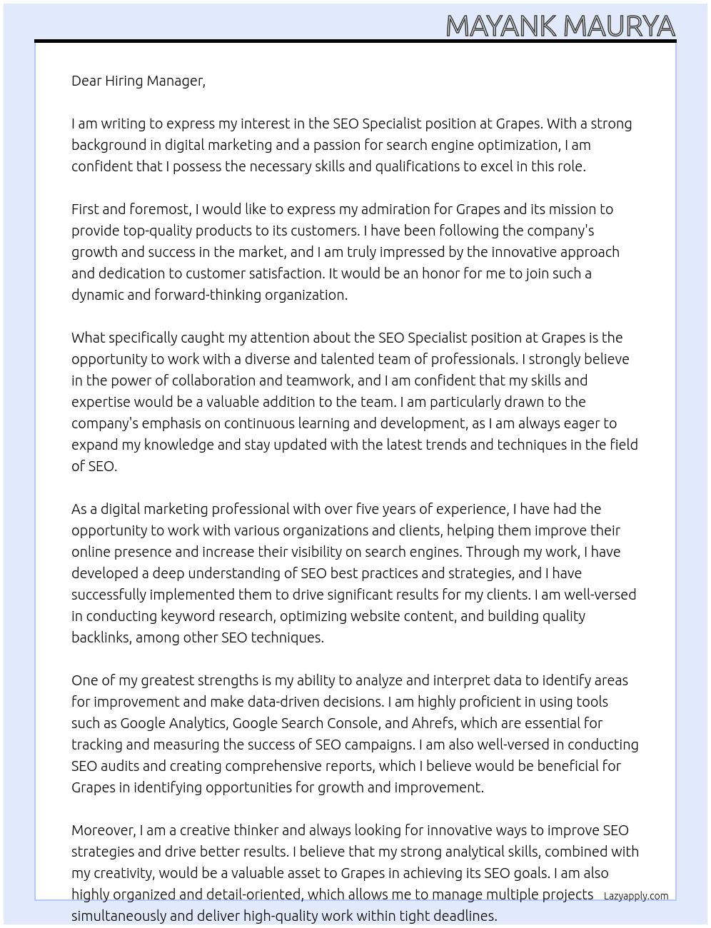 SEO specialist  At Grapes Cover Letter