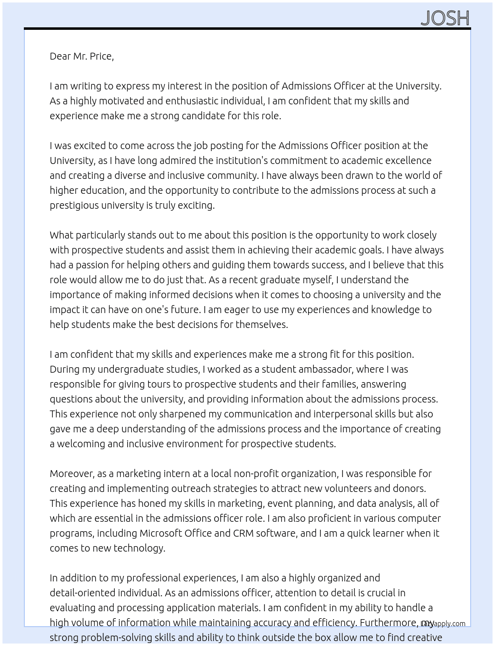 admissions officer At University  Cover Letter