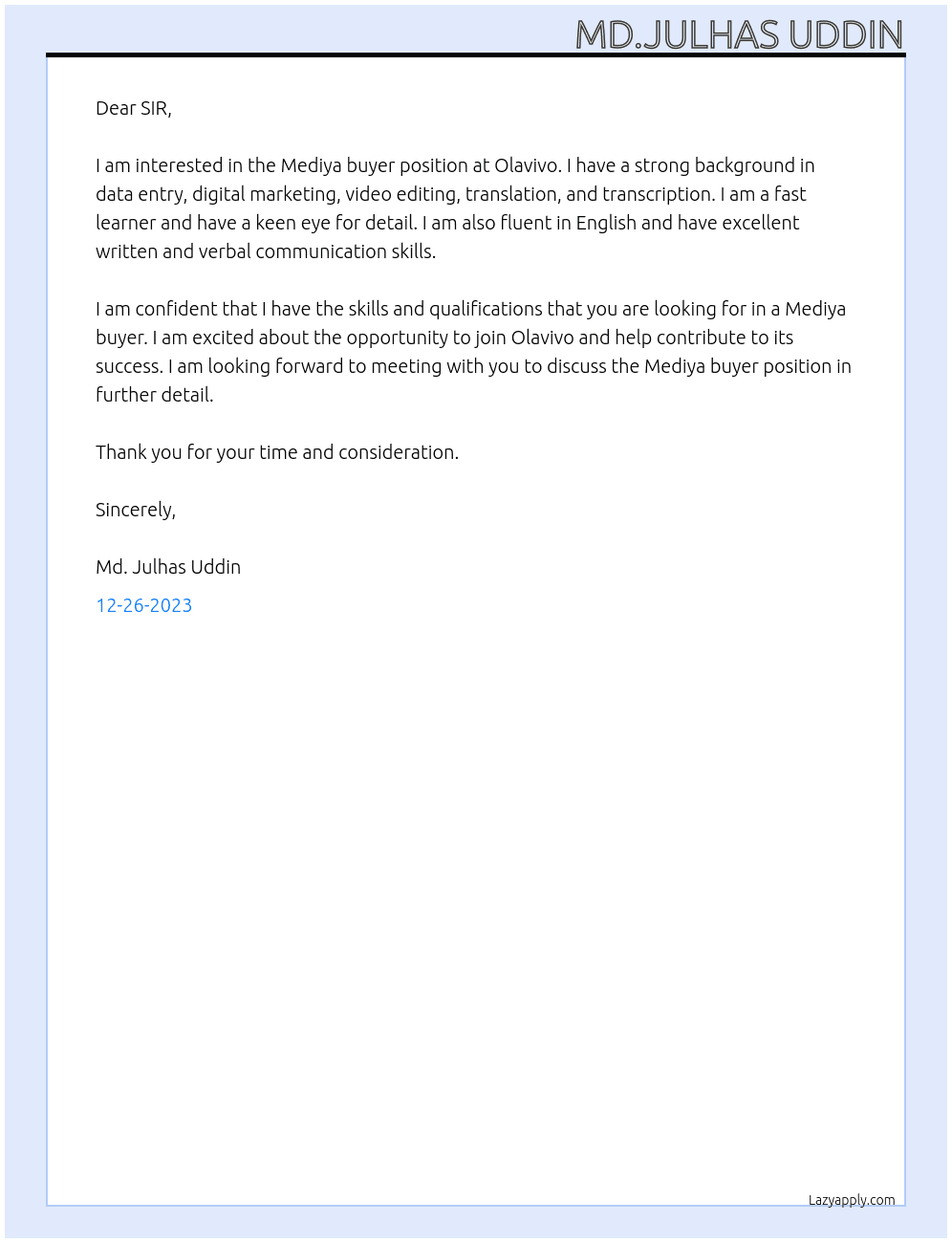 Mediya buyer At Olavivo Cover Letter