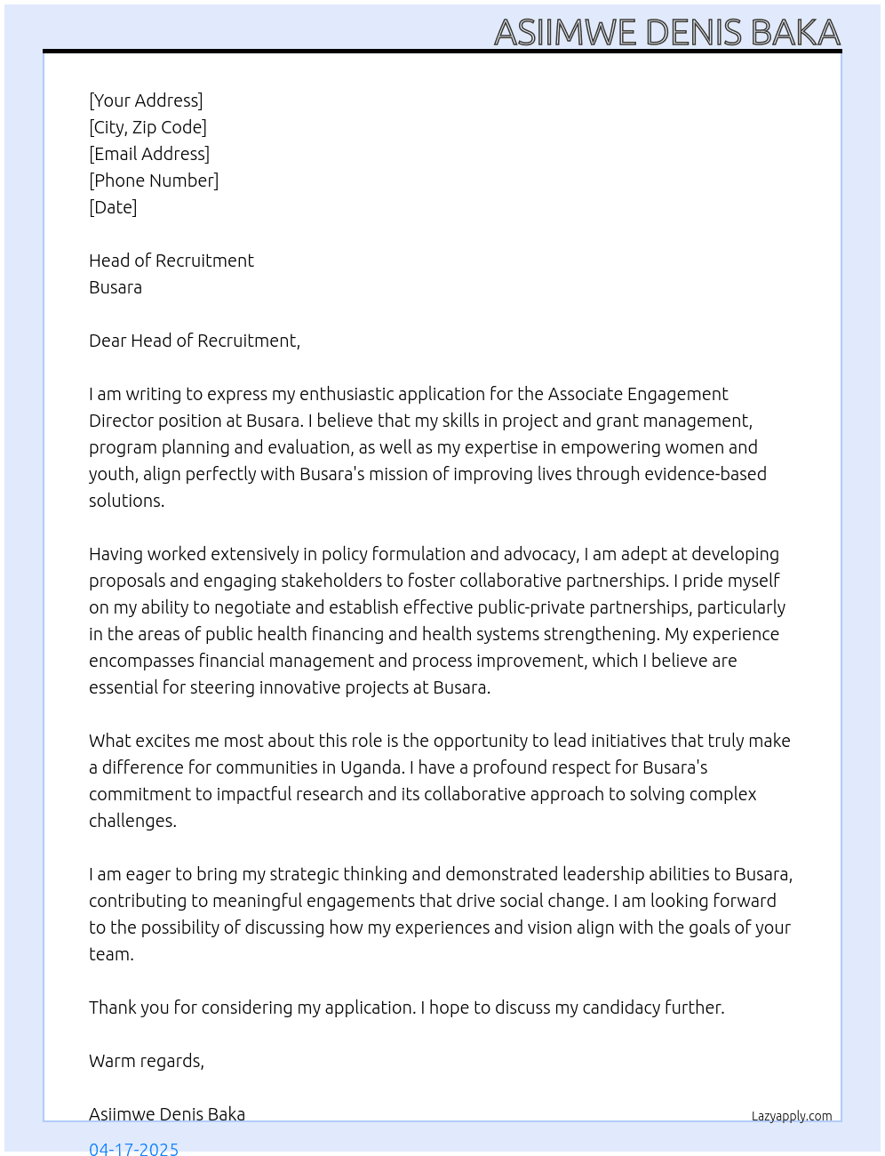 Associate Engagement Director At Busara Cover Letter