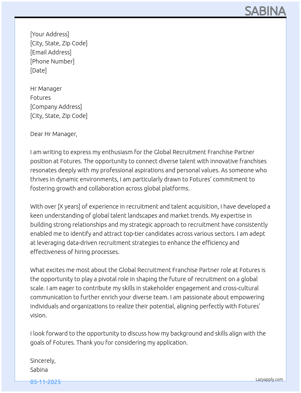 Global Recruitment Franchise Partner  At Fotures Cover Letter