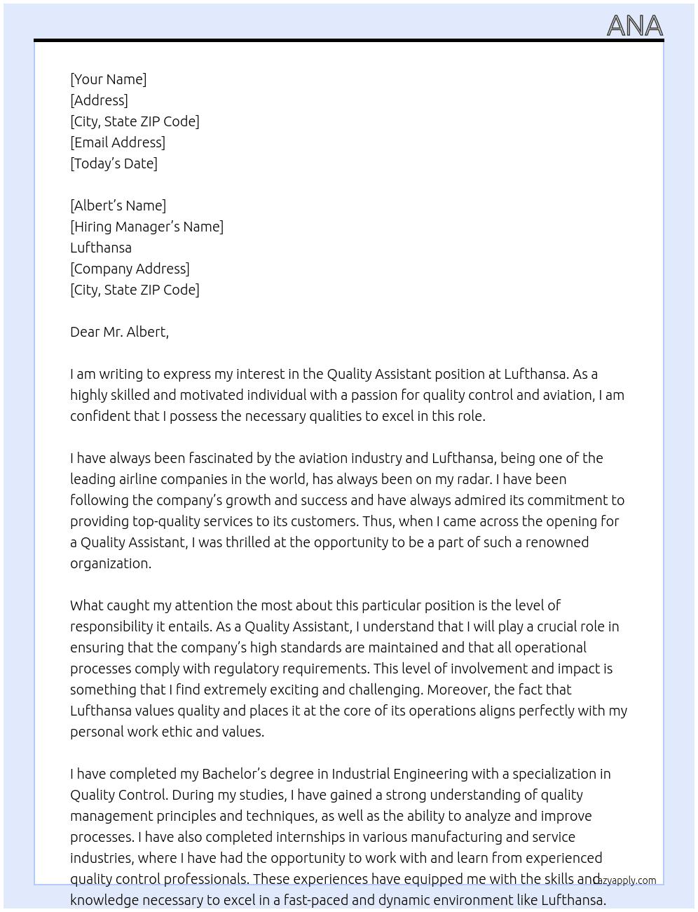 Quality Assistant At Lufthansa Cover Letter