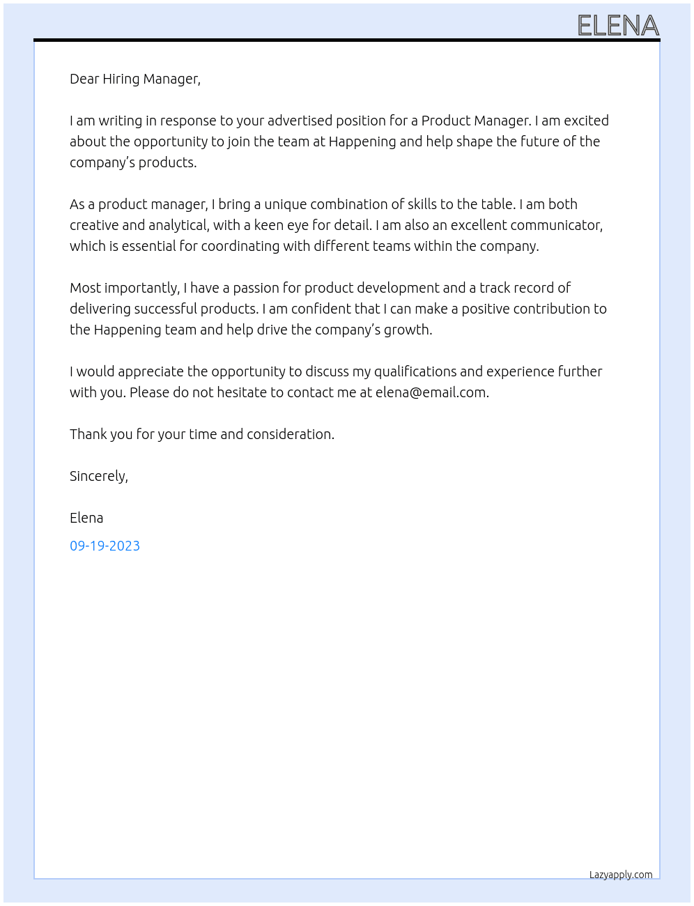 Product Manager At Happening Cover Letter