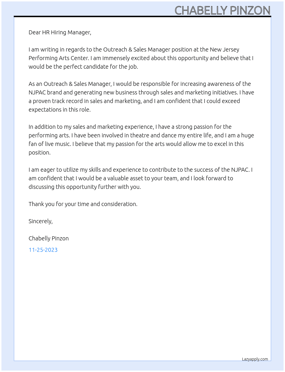 Outreach & Sales Manager At New Jersey Performing Arts Center Cover Letter