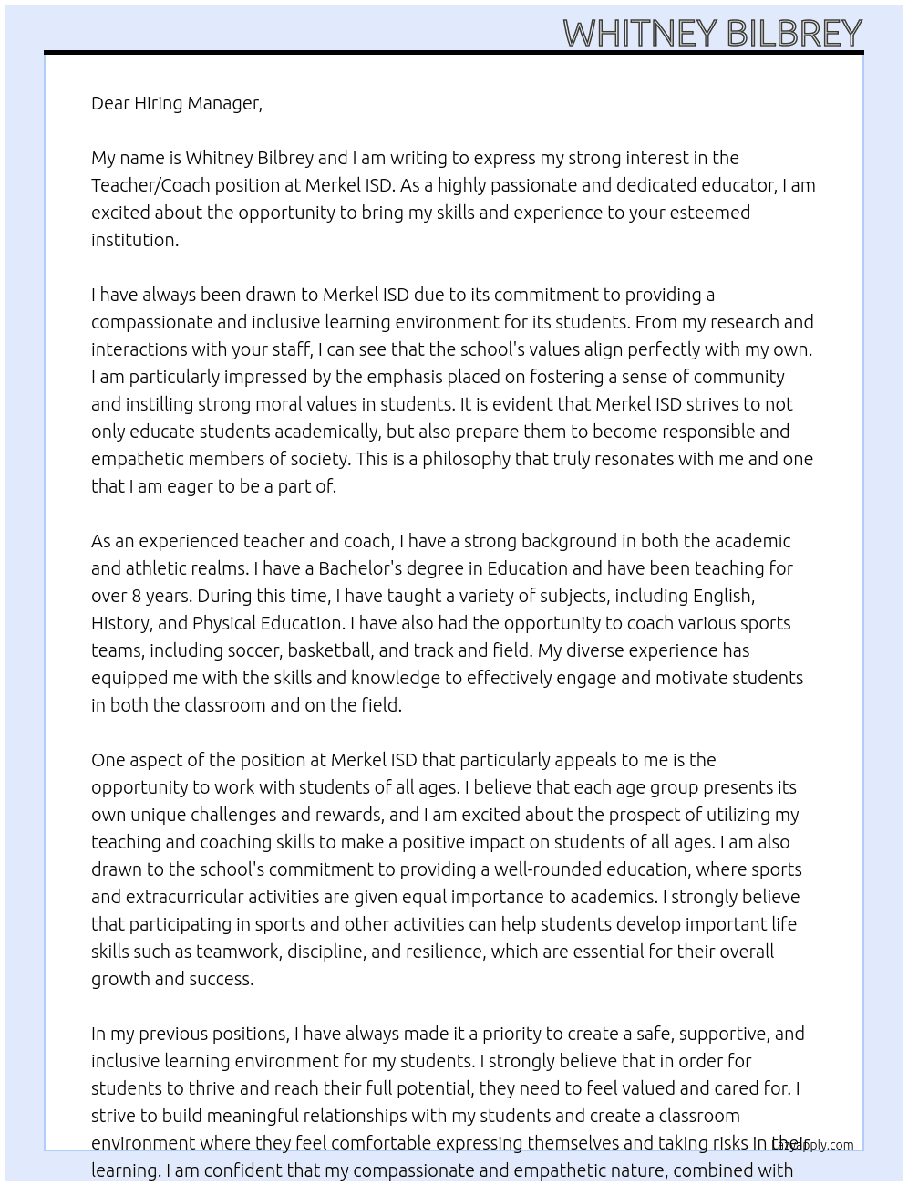 teacher/coach At Merkel ISD Cover Letter