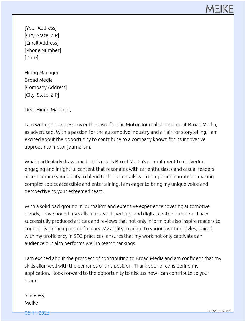 Motor Journalist At Broad Media Cover Letter