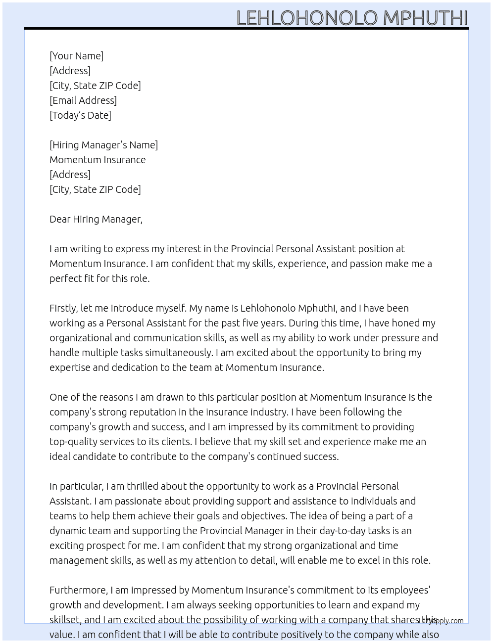 Provincial Personal Assistant  At Momentum insurance  Cover Letter
