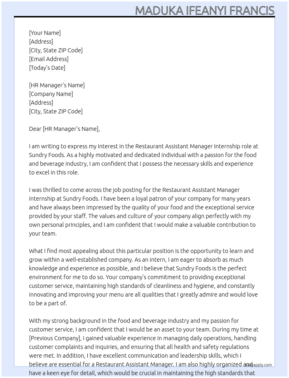 Restaurant assistant manager  At Sundry foods Cover Letter