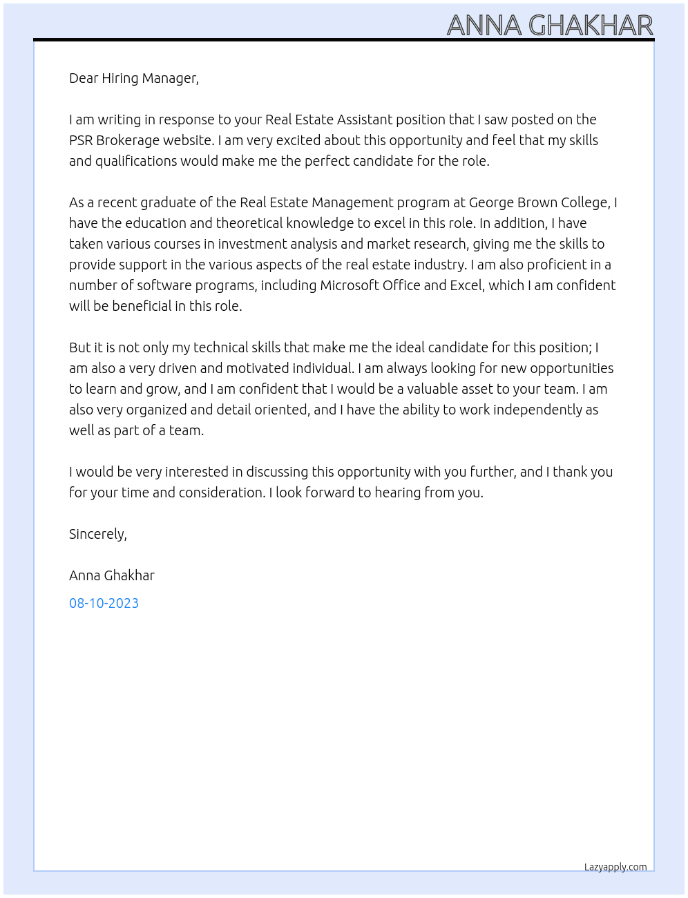 Real Estate Assistant At PSR Brokerage Cover Letter