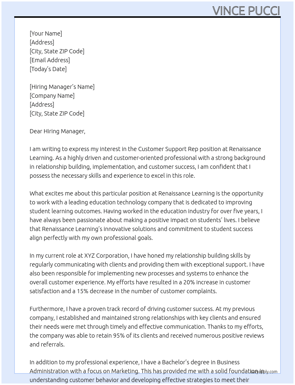 Customer Support Rep At Renaissance Learning Cover Letter