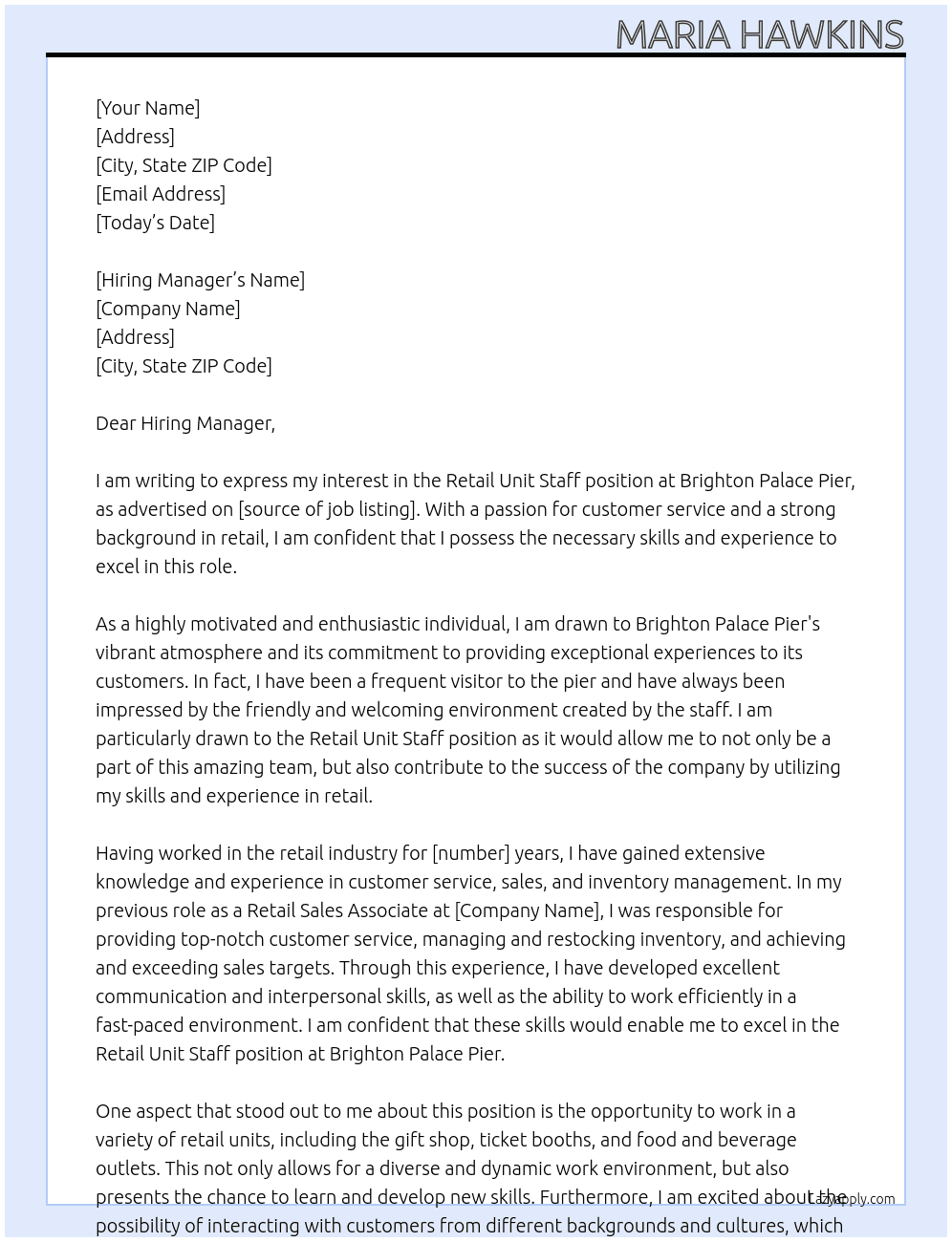 Retail Unit Staff At Brighton Palace Pier Cover Letter