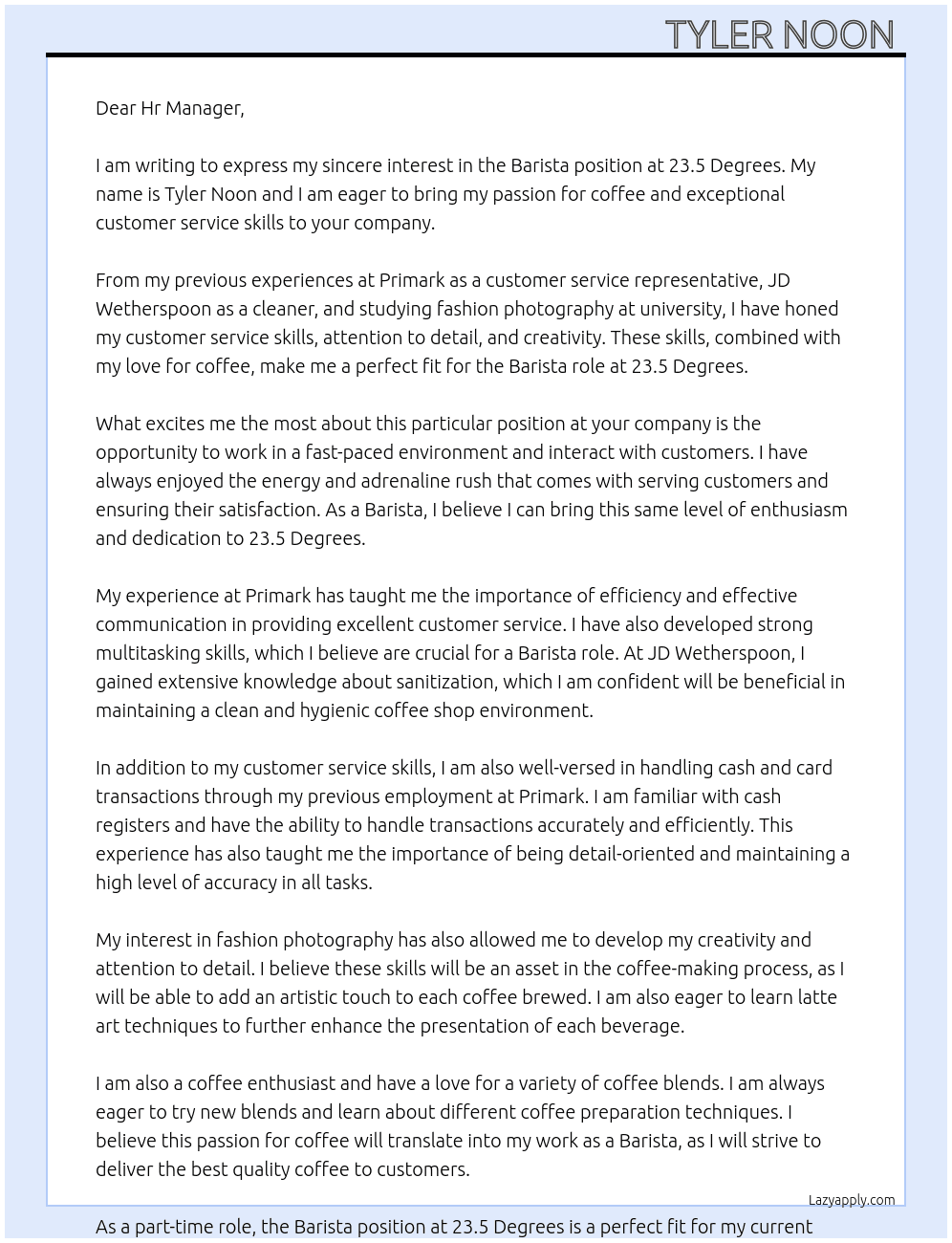 Barista  At 23.5 Degrees  Cover Letter