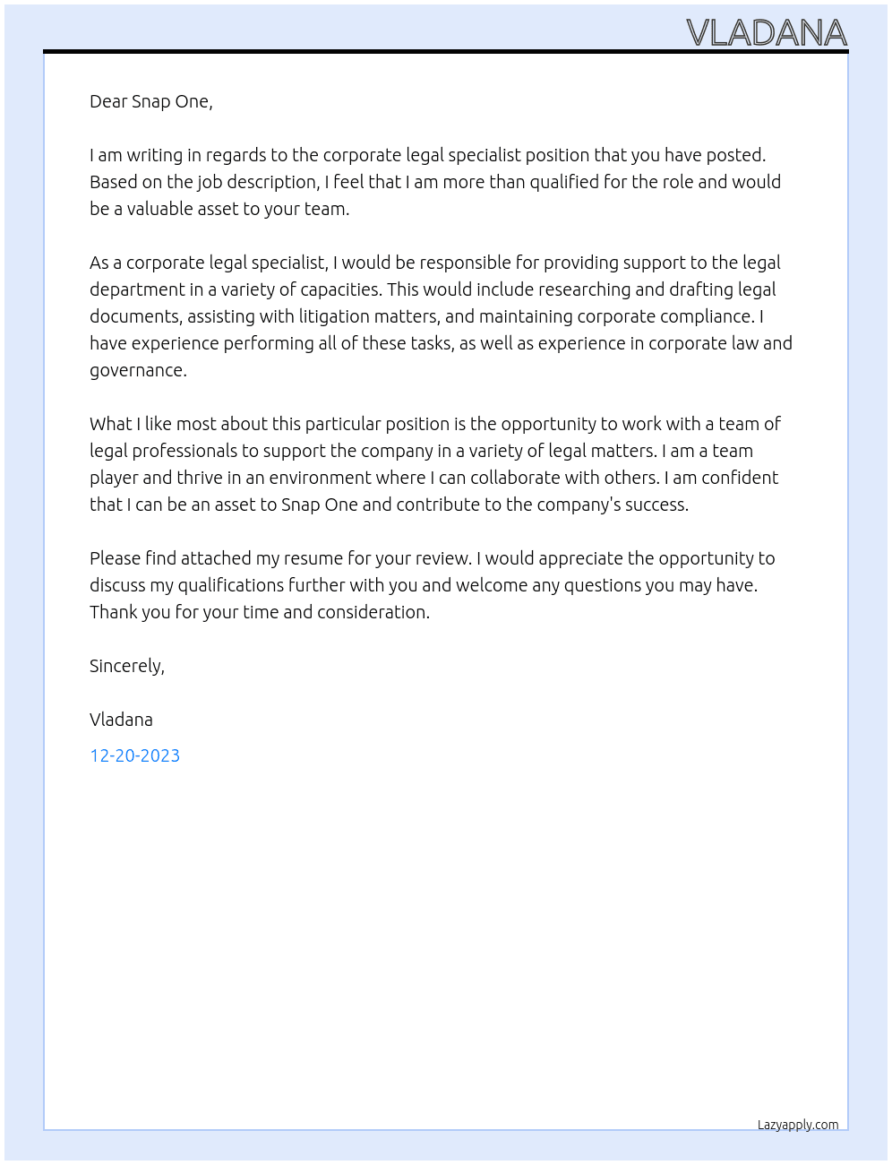 Corporate legal specialist At Snap One Cover Letter
