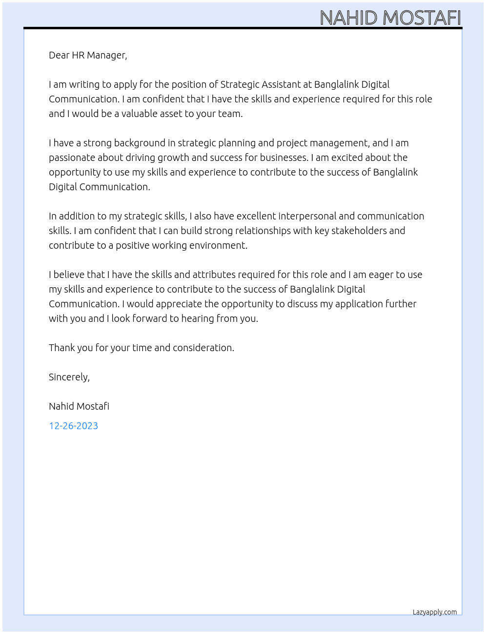 strategic assistant At banglalink digital communication Cover Letter