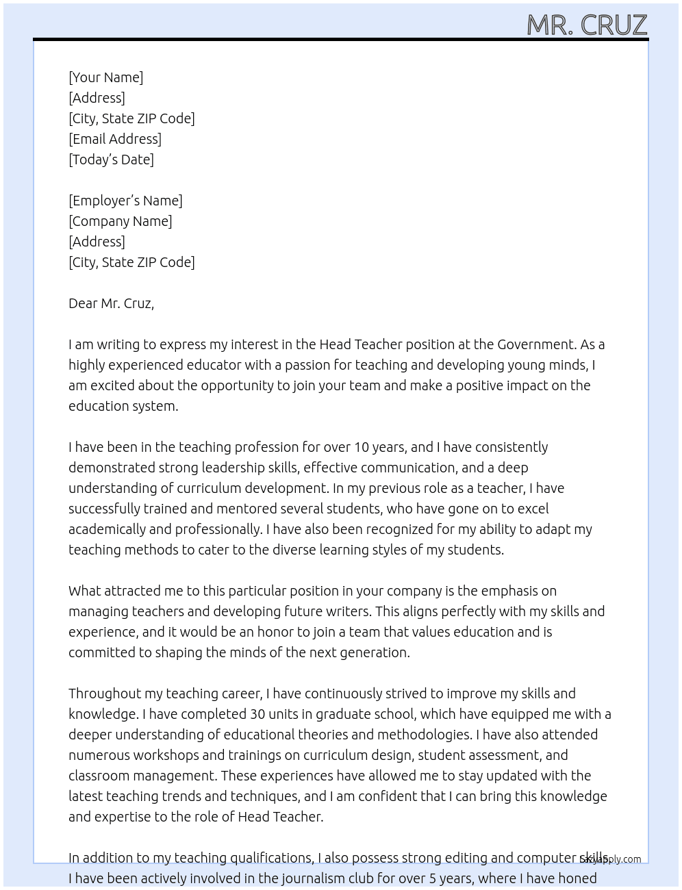 HEAD TEACHER At Government Cover Letter