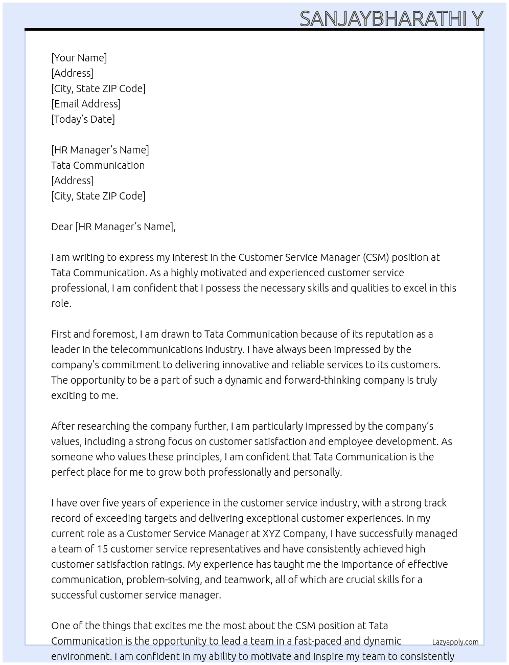 Customer service manager (CSM) At Tata communication  Cover Letter