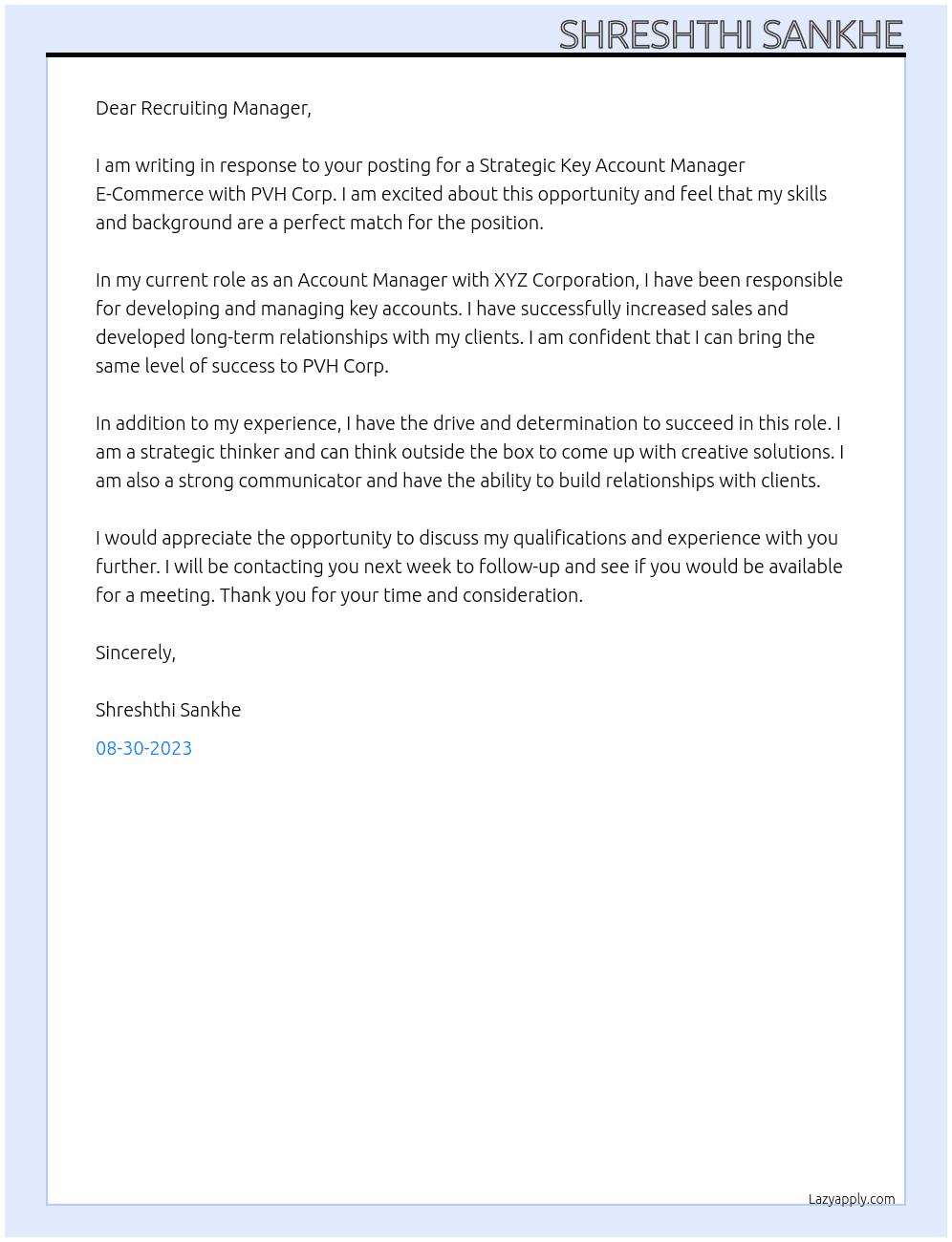 Strategic Key Account Manager E-Commerce  At PVH Corp.  Cover Letter