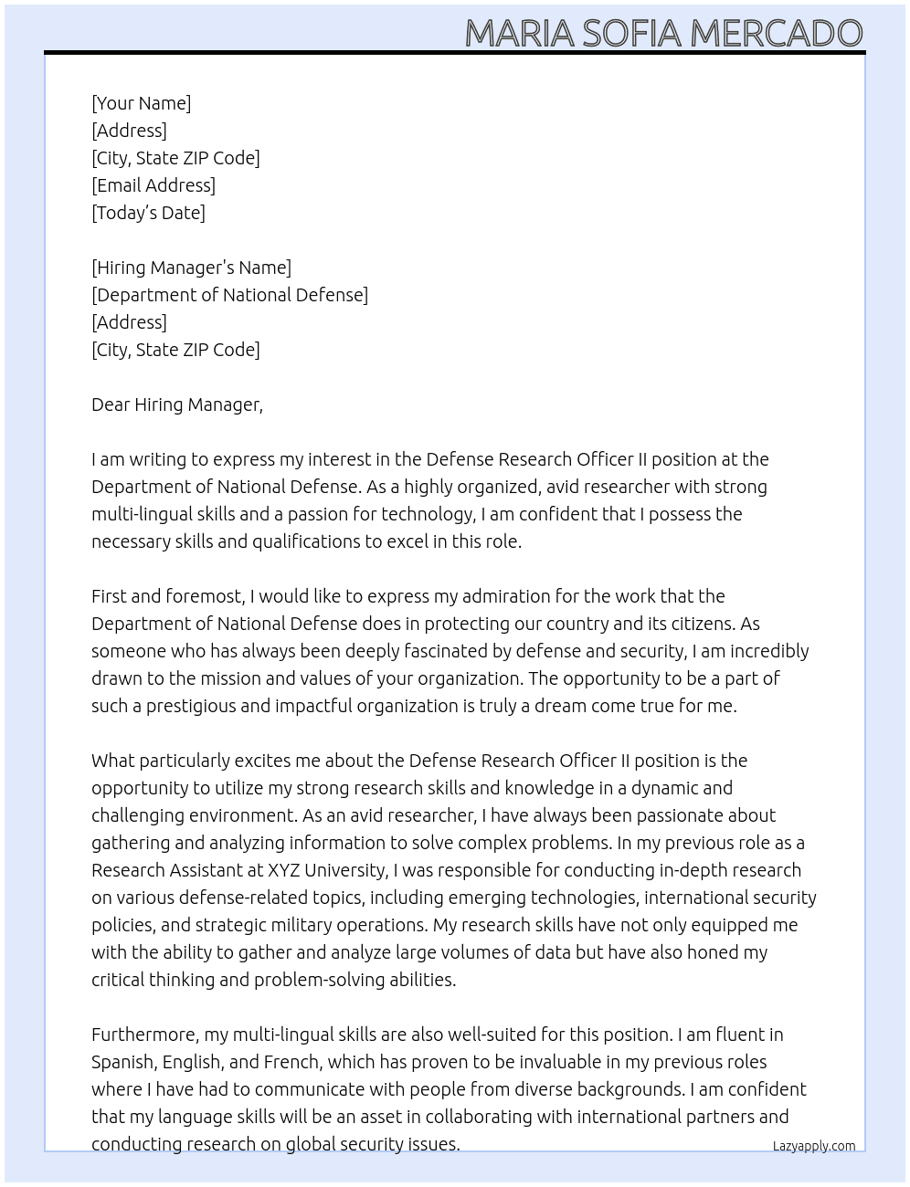 Defense Researcher Officer II At Department of National Defense Cover Letter