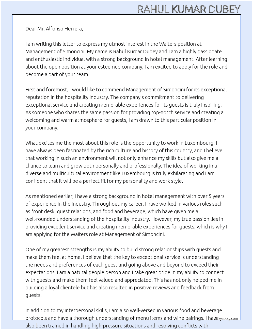 Waiters  At Management of simoncini Cover Letter