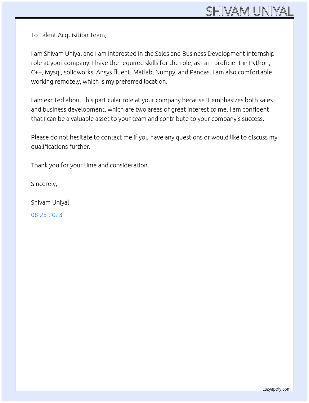 Sales and Business Development At Shivam Uniyal Cover Letter