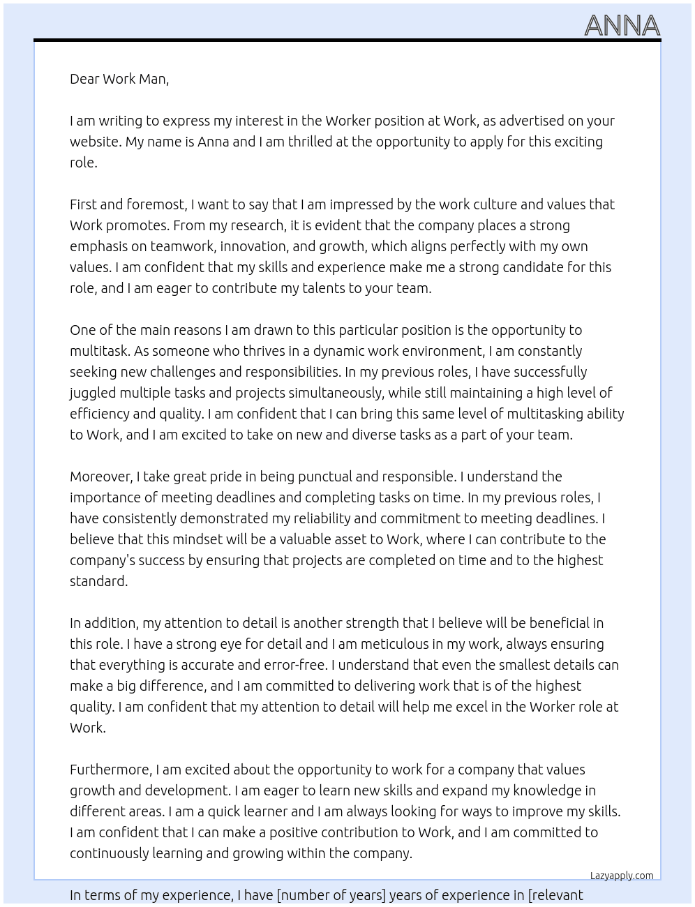 Worker At Work Cover Letter