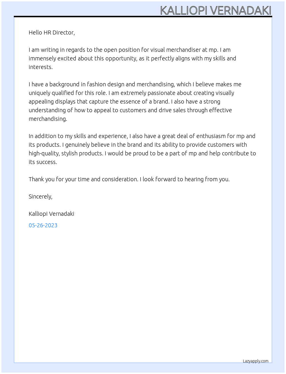 visual merchandiser At mp Cover Letter