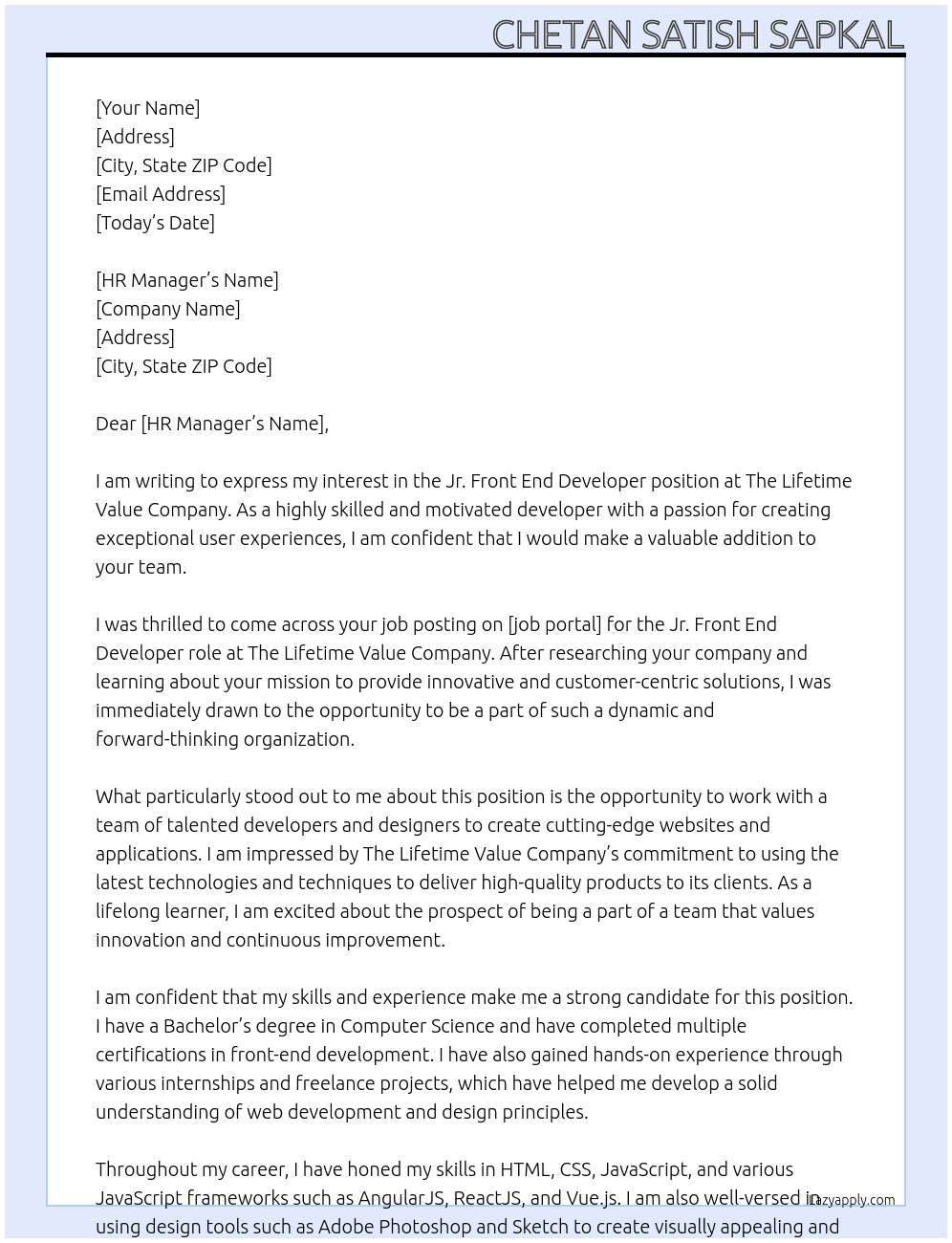 Jr. Front End Developer At The Lifetime Value Company Cover Letter