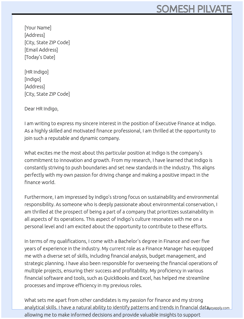 Executive Finance  At Indigo  Cover Letter