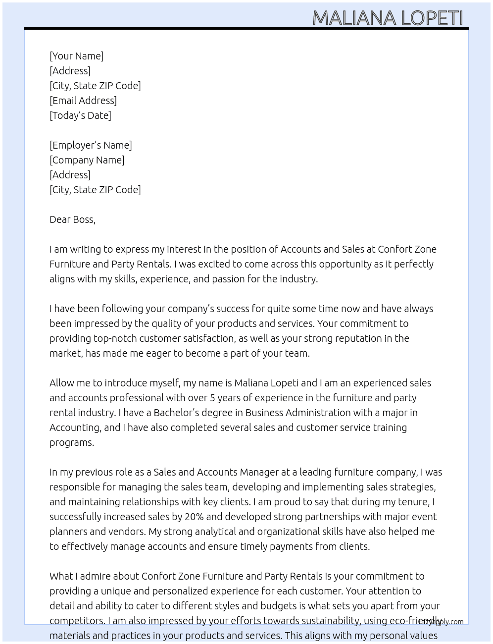 ACCOUNTS AND SALES  At Confort Zone Furniture and Party Rentals Cover Letter
