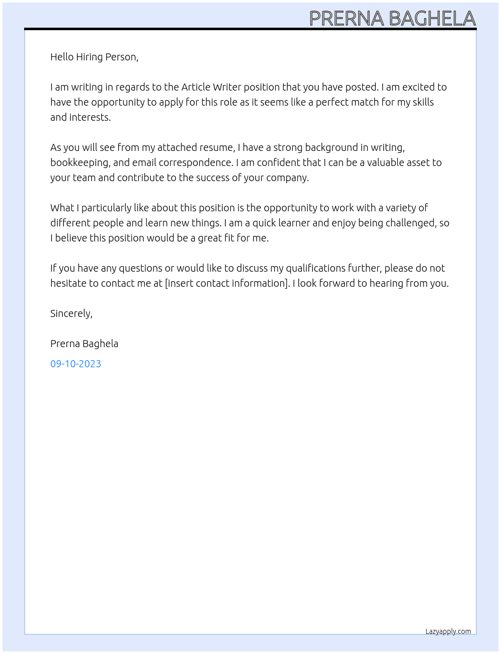 Article Writer At Content Writing Cover Letter