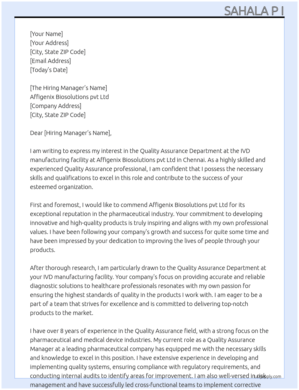 Quality assurance department at the IVD manufacturing facility  At Affigenix Biosolutions pvt Ltd, Chennai  Cover Letter
