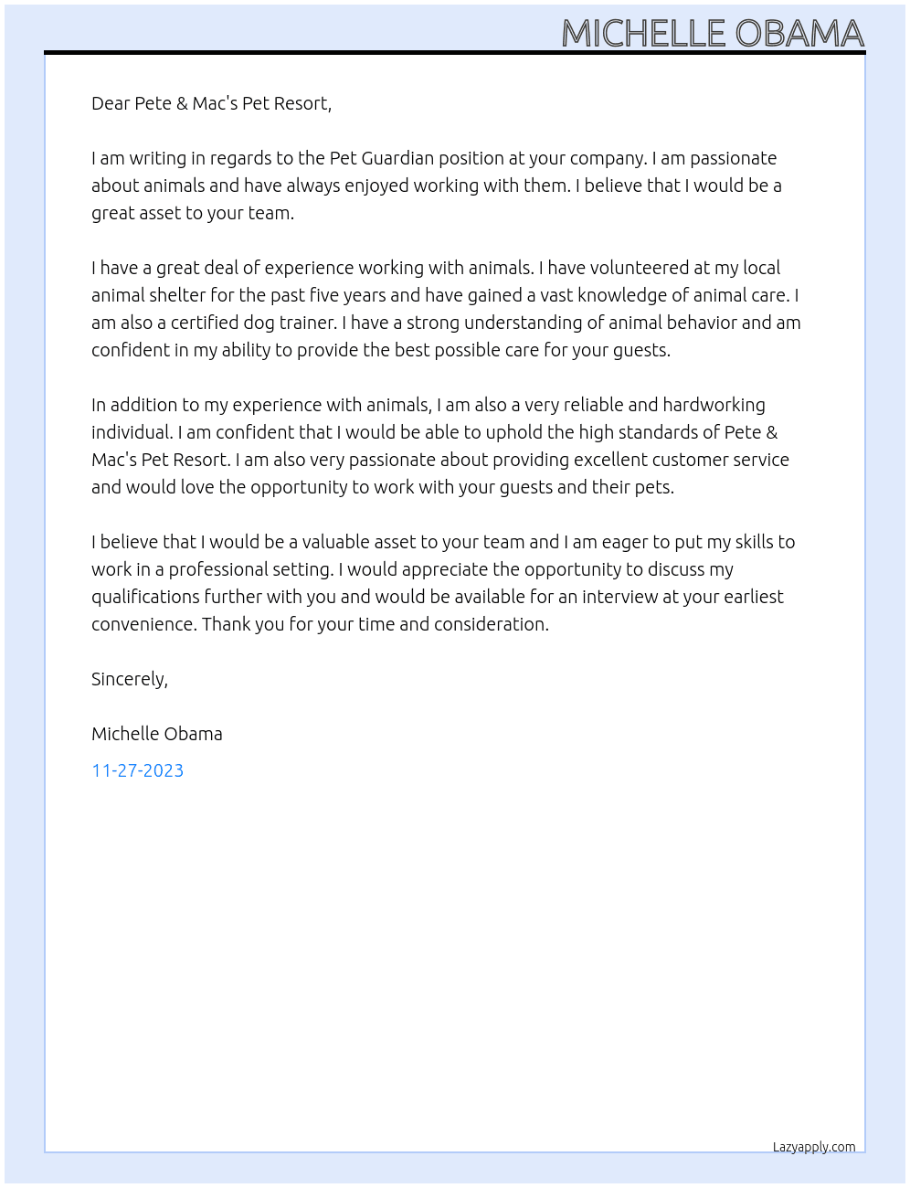 Pet Guardian  At Pete & Mac's Pet Resort Cover Letter