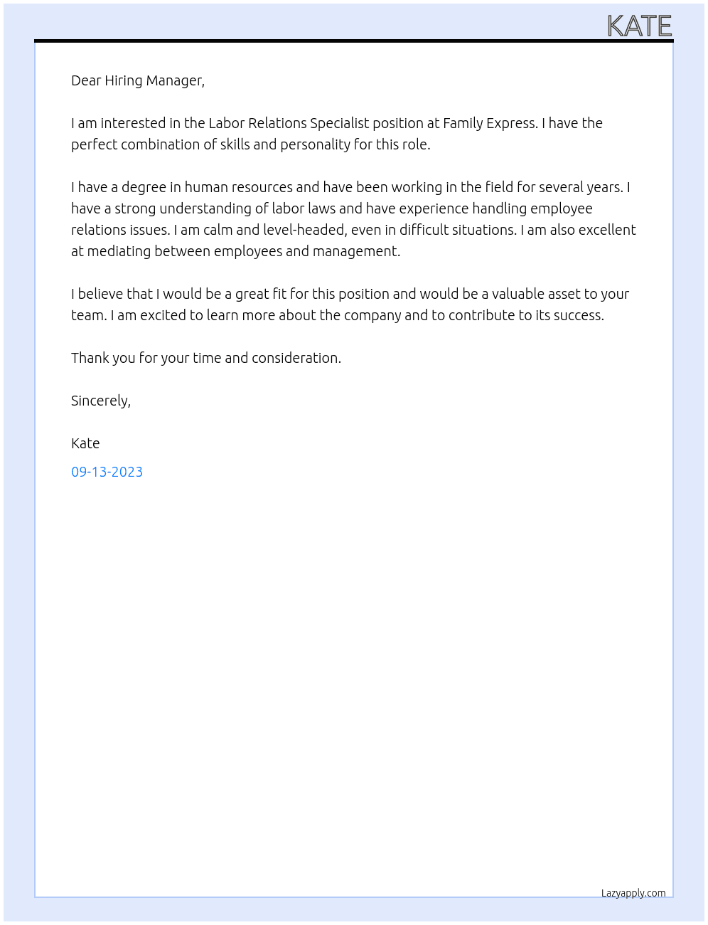 Labor Relations Specialist At Family Express Cover Letter