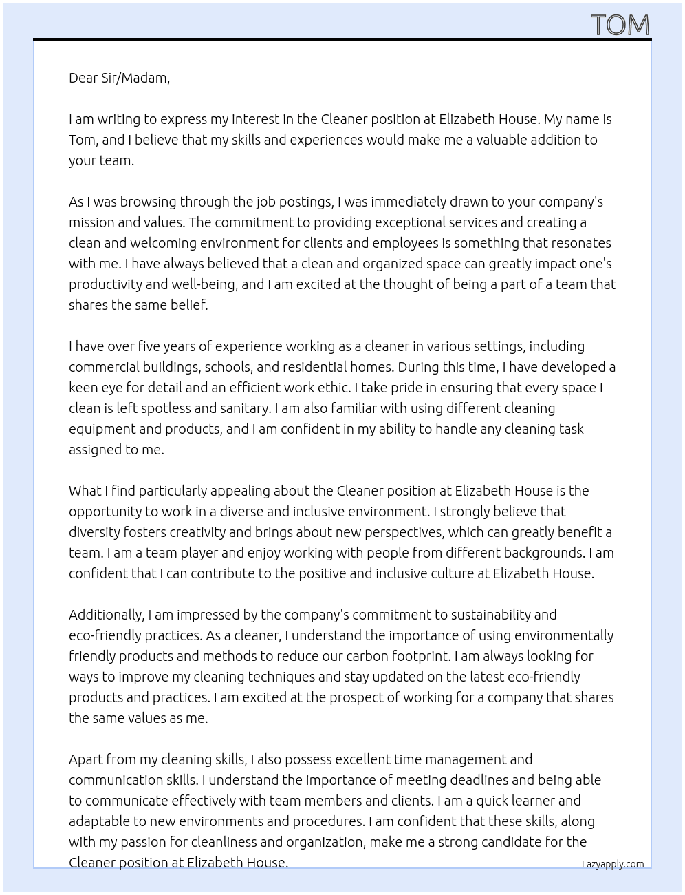 CLeaner At Elizabeth House Cover Letter