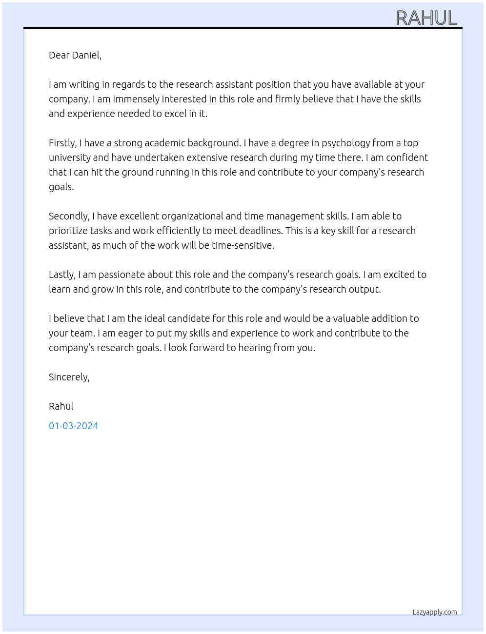 Research assistant   At New York  Cover Letter