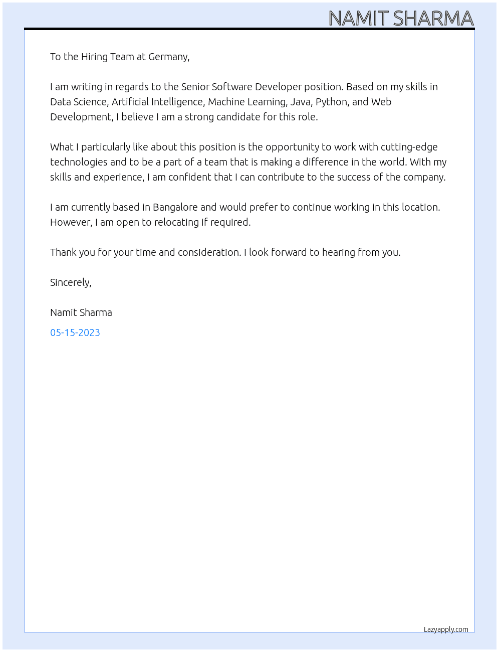 Senior Software Developer At Germany Cover Letter